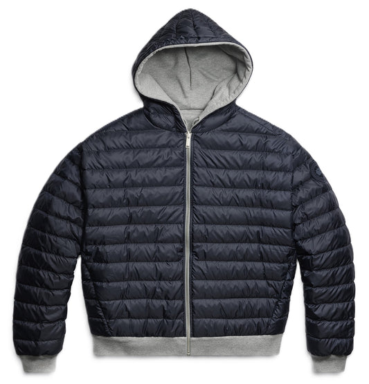 Dark puffer jacket with a hood and gray lining.