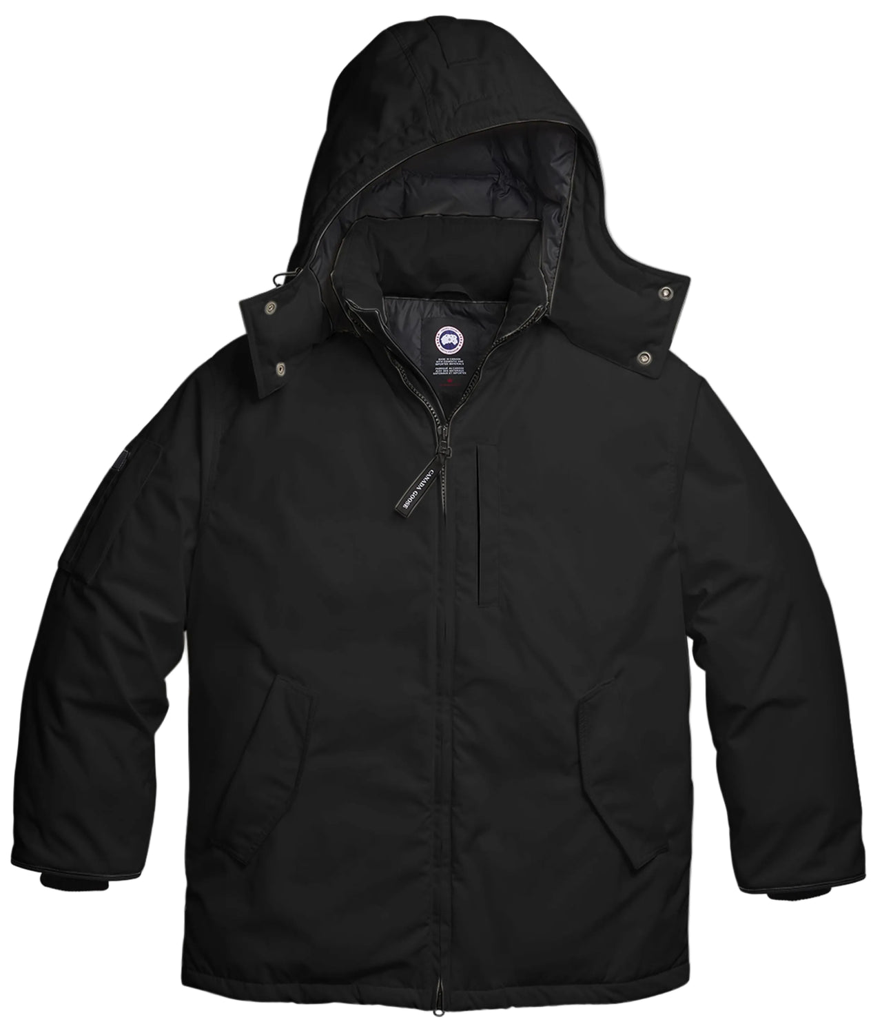 A solid black, mid-length winter parka with a large, insulated hood, front zipper closure, and two side hand-warmer pockets.
