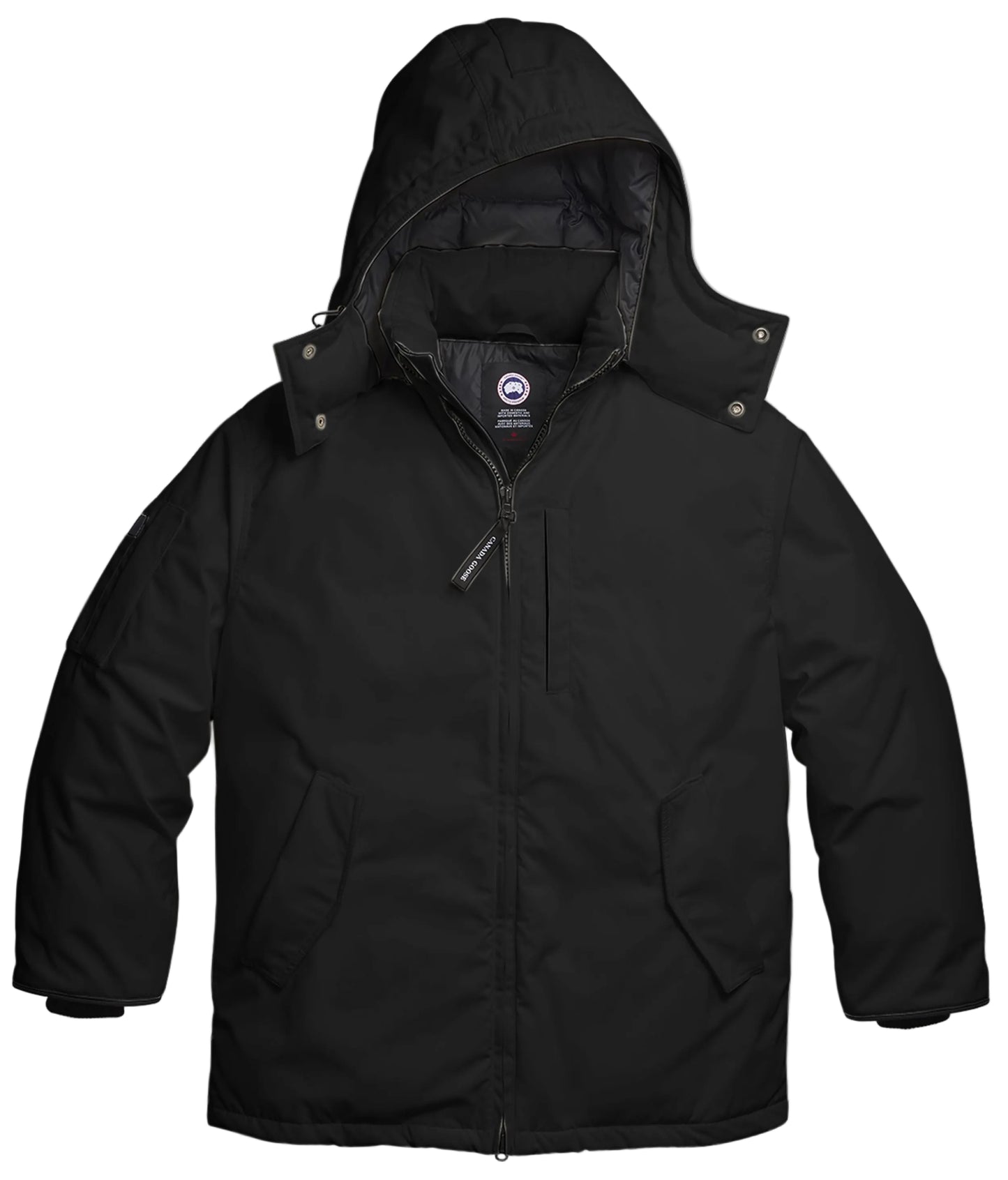 A solid black, mid-length winter parka with a large, insulated hood, front zipper closure, and two side hand-warmer pockets.