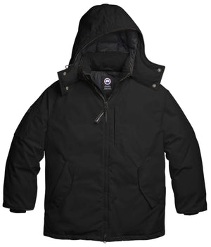A solid black, mid-length winter parka with a large, insulated hood, front zipper closure, and two side hand-warmer pockets.