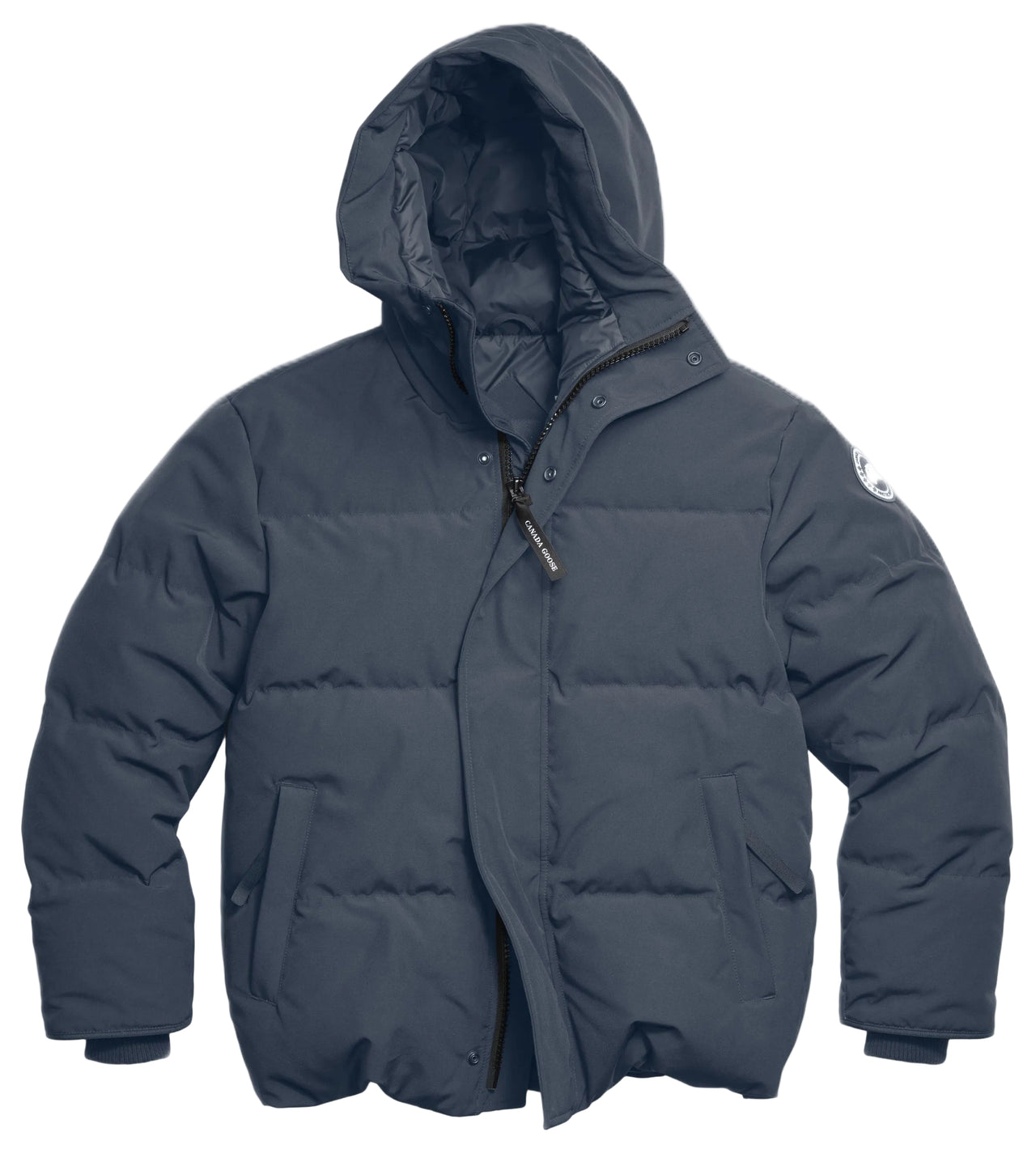 A charcoal gray puffer jacket with a hood, zipper and snap-button closure, and long sleeves with ribbed cuffs.