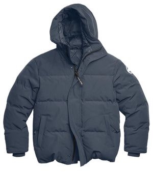 A charcoal gray puffer jacket with a hood, zipper and snap-button closure, and long sleeves with ribbed cuffs.