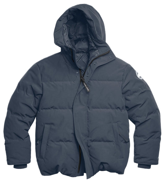 A charcoal gray puffer jacket with a hood, zipper and snap-button closure, and long sleeves with ribbed cuffs.