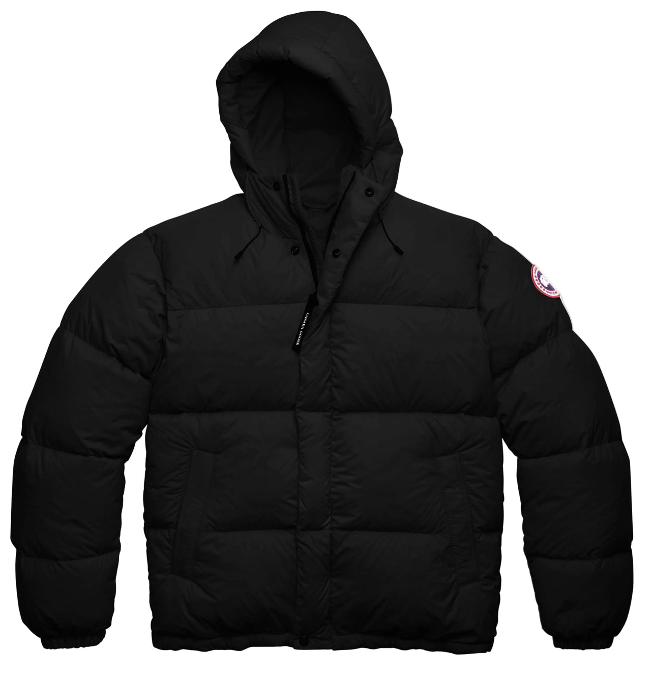 A black hooded puffer jacket with horizontal quilting and a circular patch on the left sleeve.
