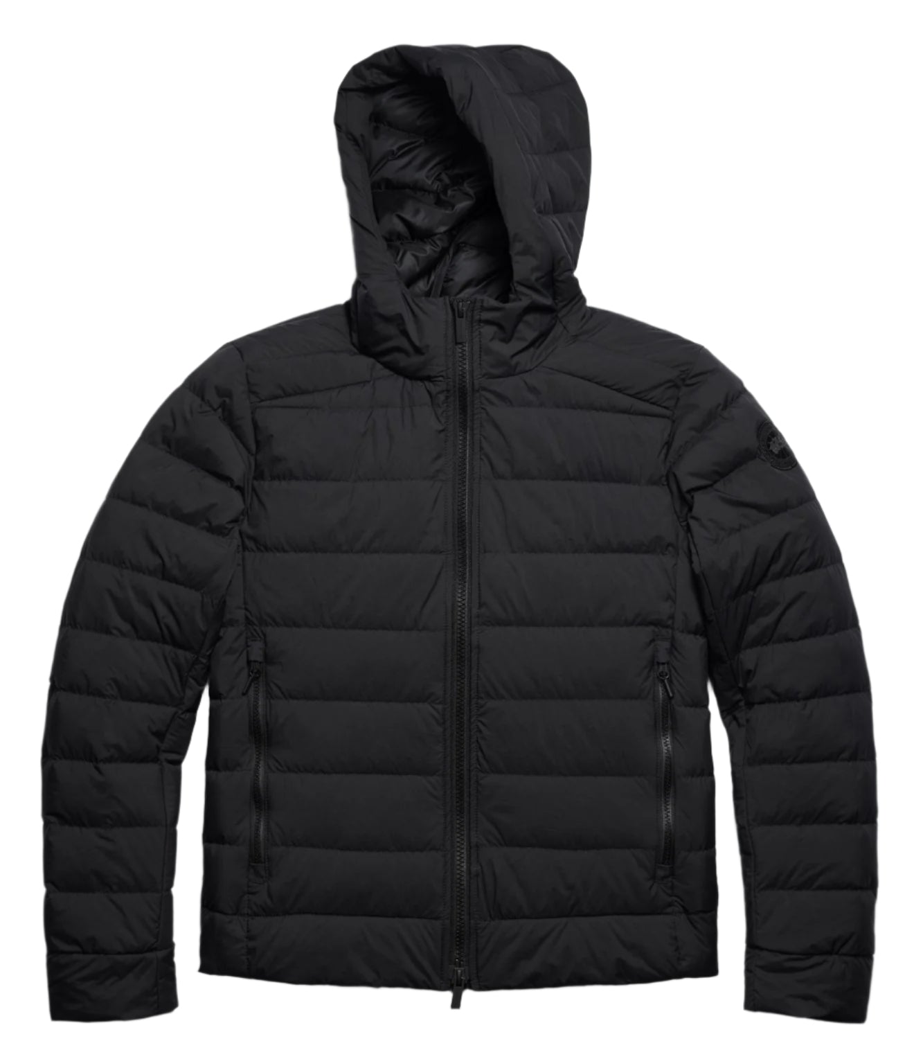Black quilted hooded jacket with zipper.