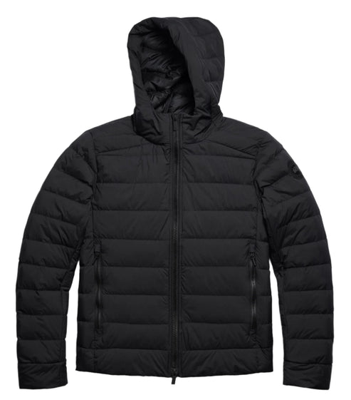 Black quilted hooded jacket with zipper.