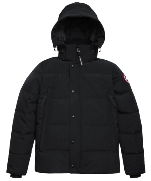 Black padded jacket with a hood and the logo on the right arm.