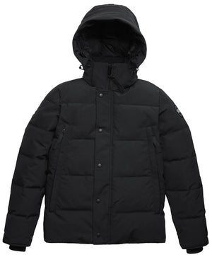 A black, hooded, down-filled puffer jacket with a front snap-button placket covering the zipper, long sleeves with ribbed cuffs, and a small circular logo patch on the left upper sleeve.