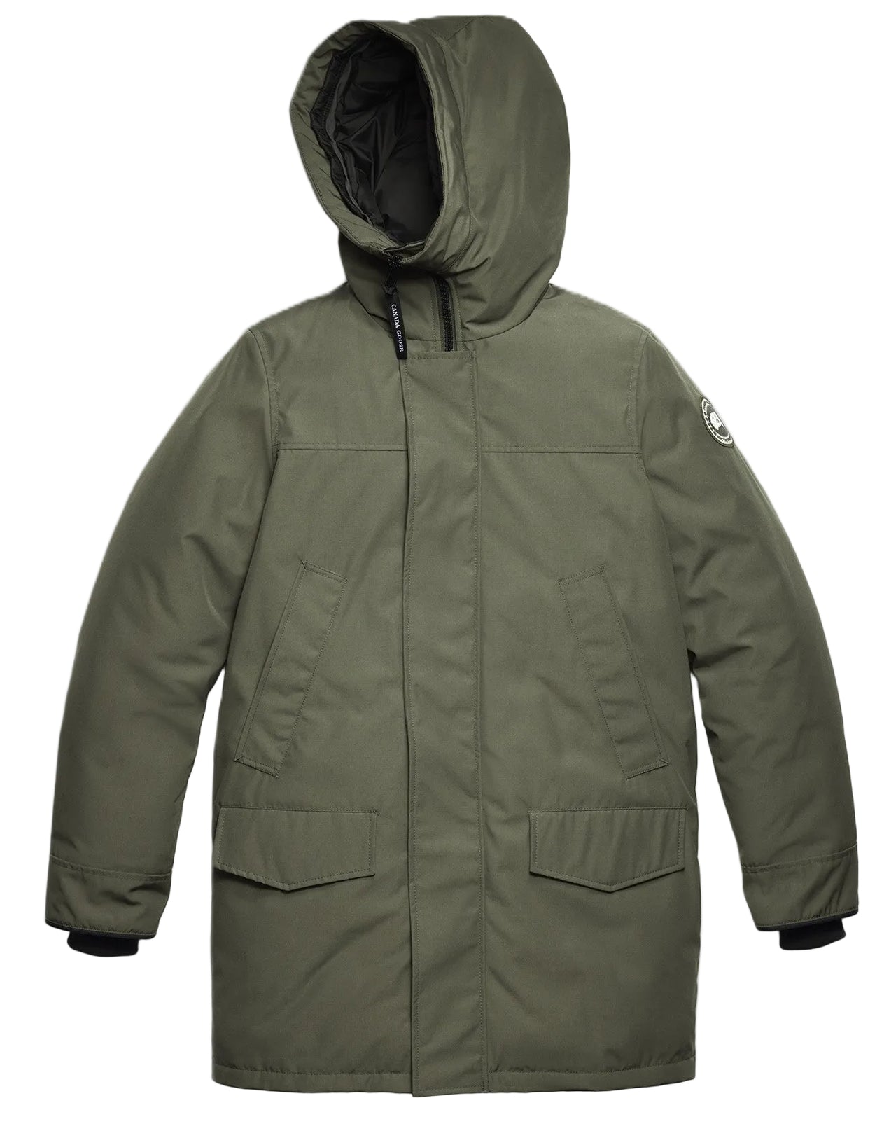 A long-sleeved, olive-green hooded parka with a zipper and snap-button closure, side pockets, and a circular patch on the left sleeve.