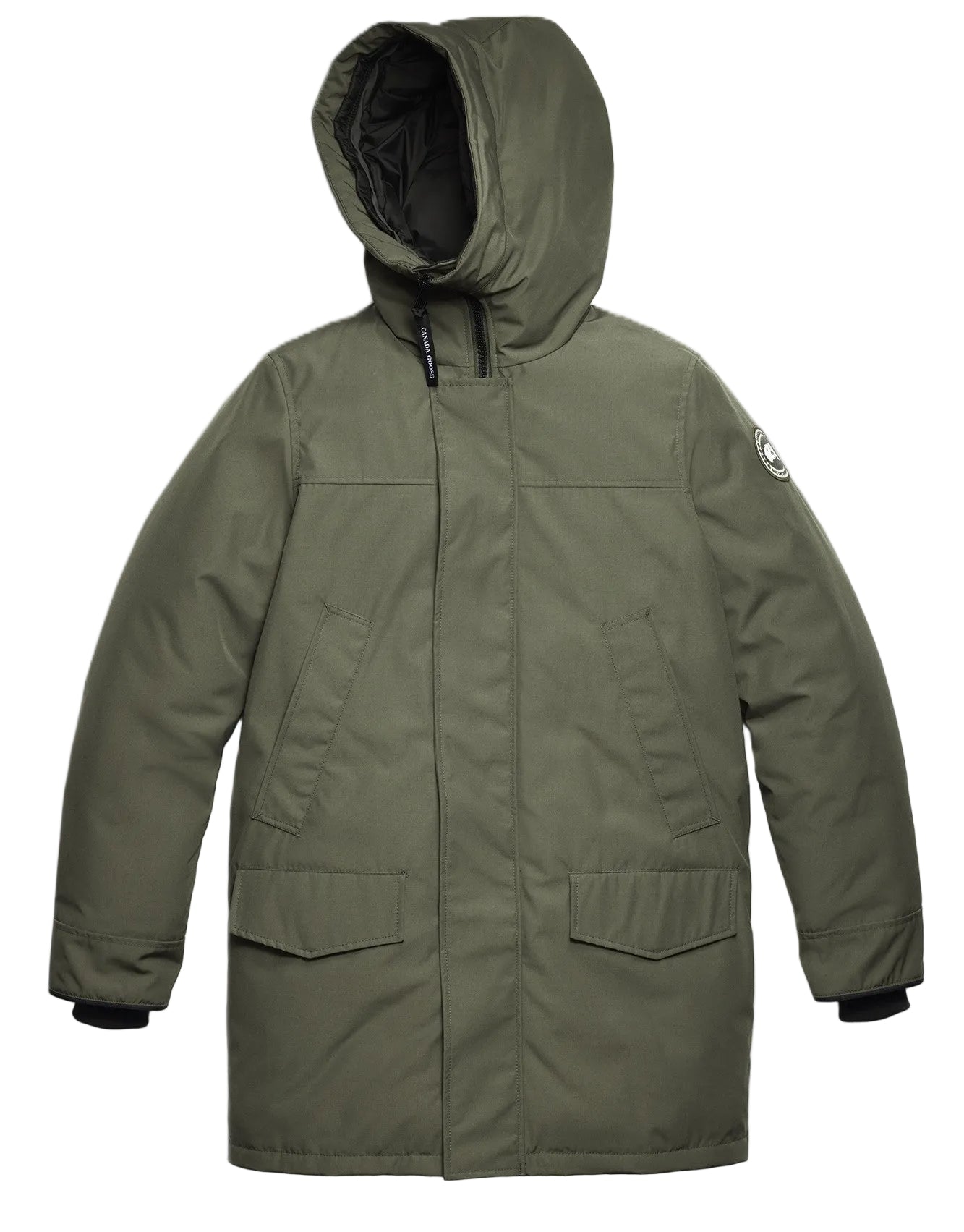A long-sleeved, olive-green hooded parka with a zipper and snap-button closure, side pockets, and a circular patch on the left sleeve.