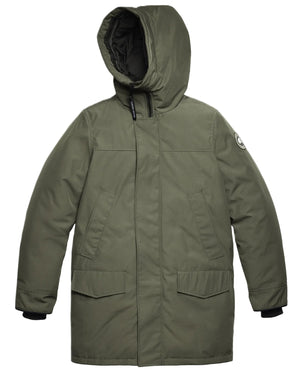 A long-sleeved, olive-green hooded parka with a zipper and snap-button closure, side pockets, and a circular patch on the left sleeve.