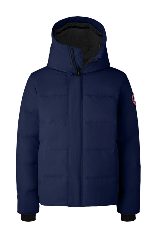 Blue hooded down jacket with black cuffs.