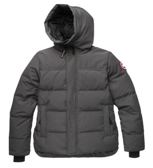 Charcoal hooded puffer jacket with logo patch on the sleeve.