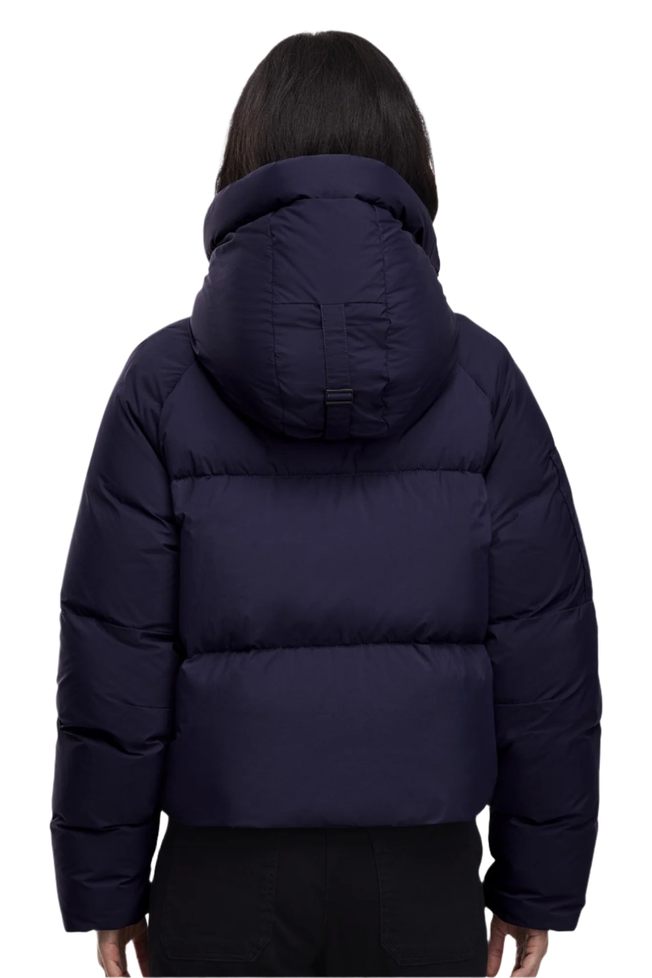 Back view of a dark blue puffer jacket with hood.