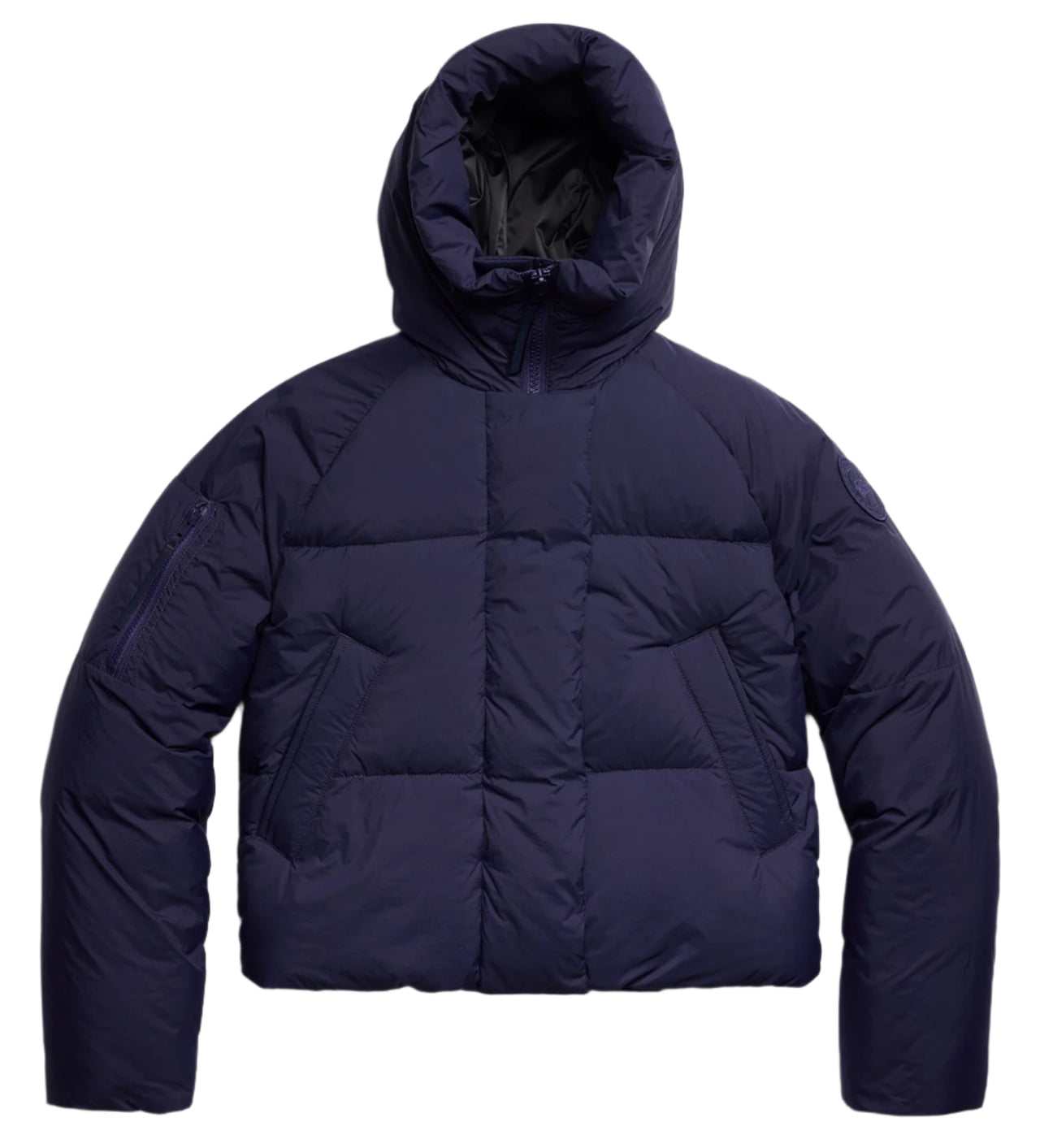 Navy blue hooded puffer jacket.