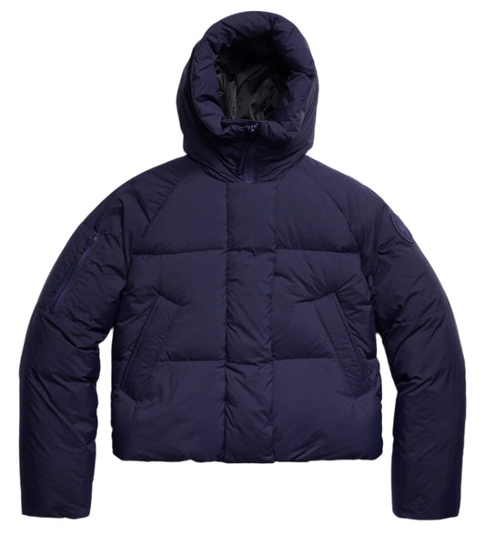 Navy blue hooded puffer jacket.
