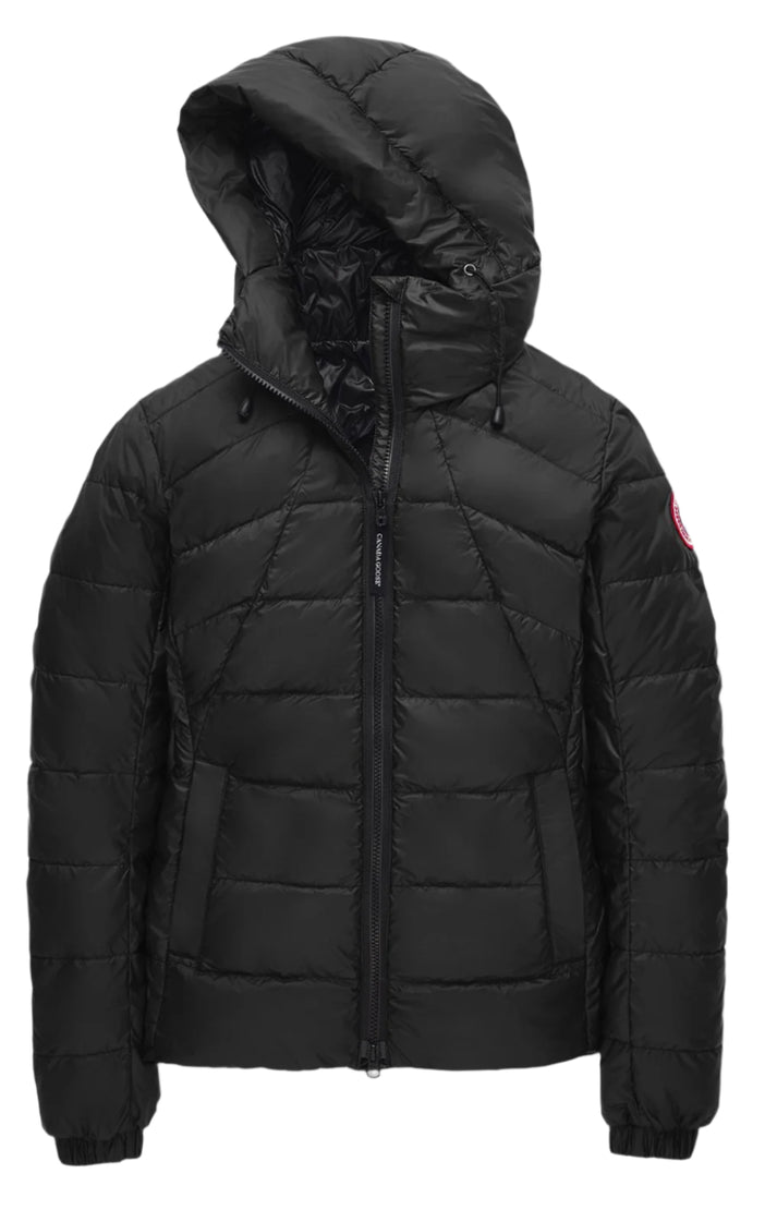 Black hooded puffer jacket with full zipper.
