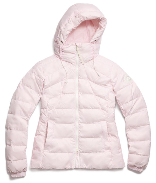 Light pink down puffer coat with hood.