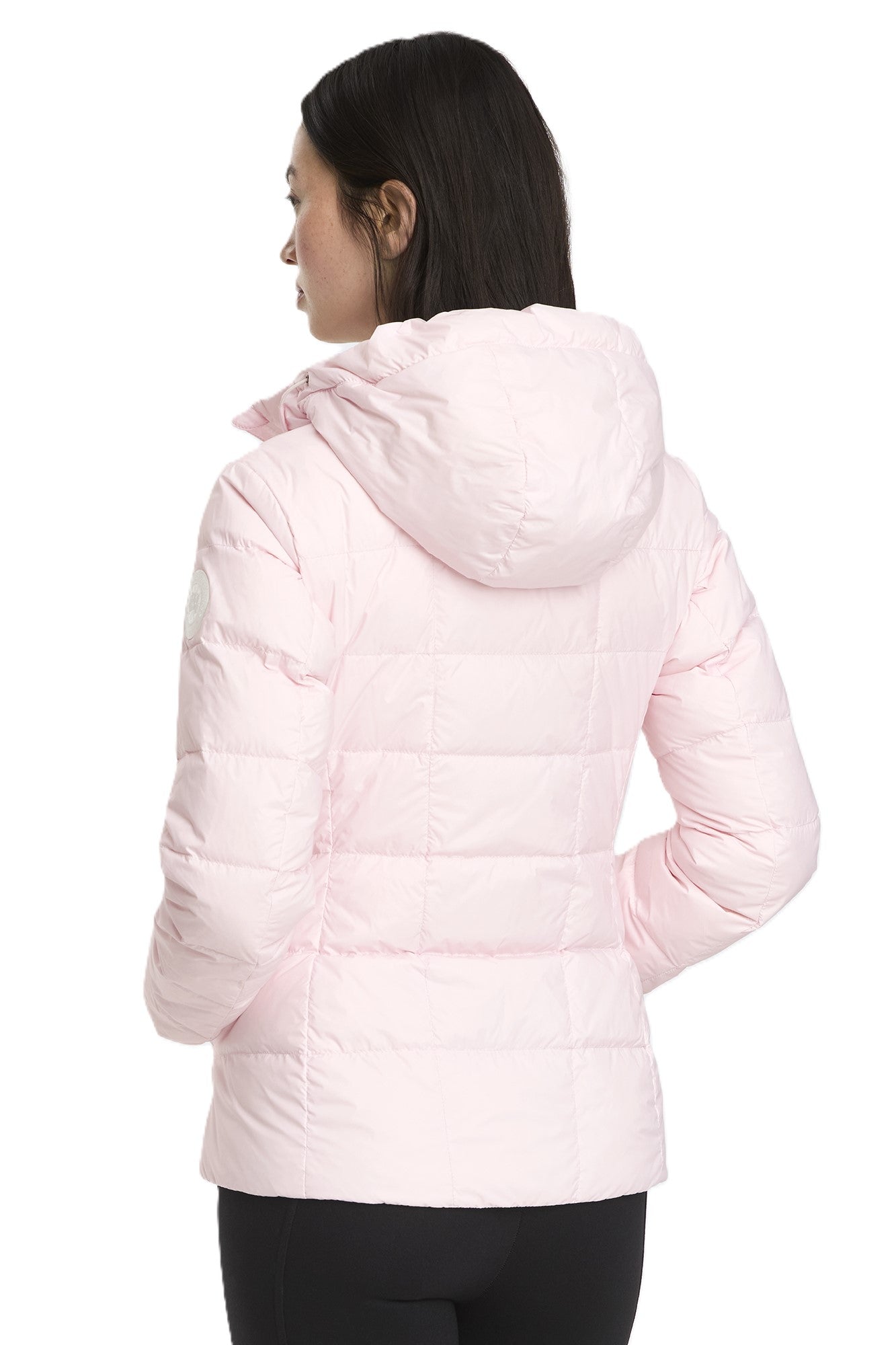 Light pink hooded puffer jacket.
