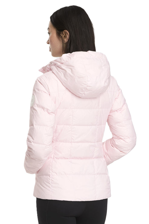 Light pink hooded puffer jacket.