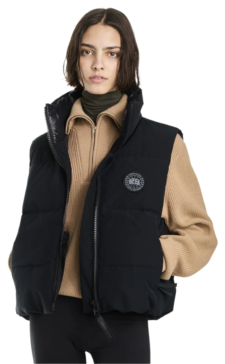 A person wearing a black puffer vest.