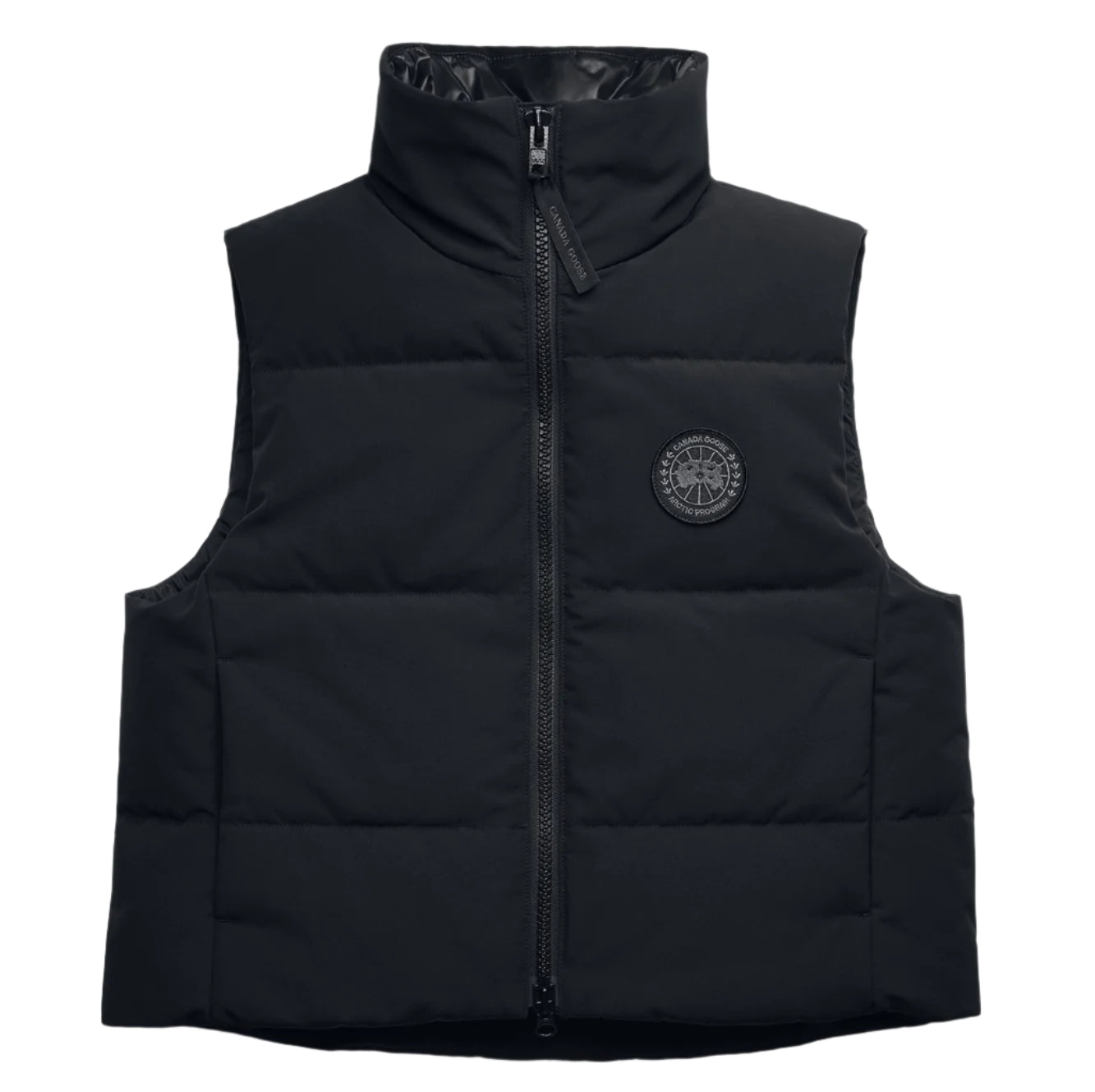 Black puffy vest with zippered front and a round logo on the right chest