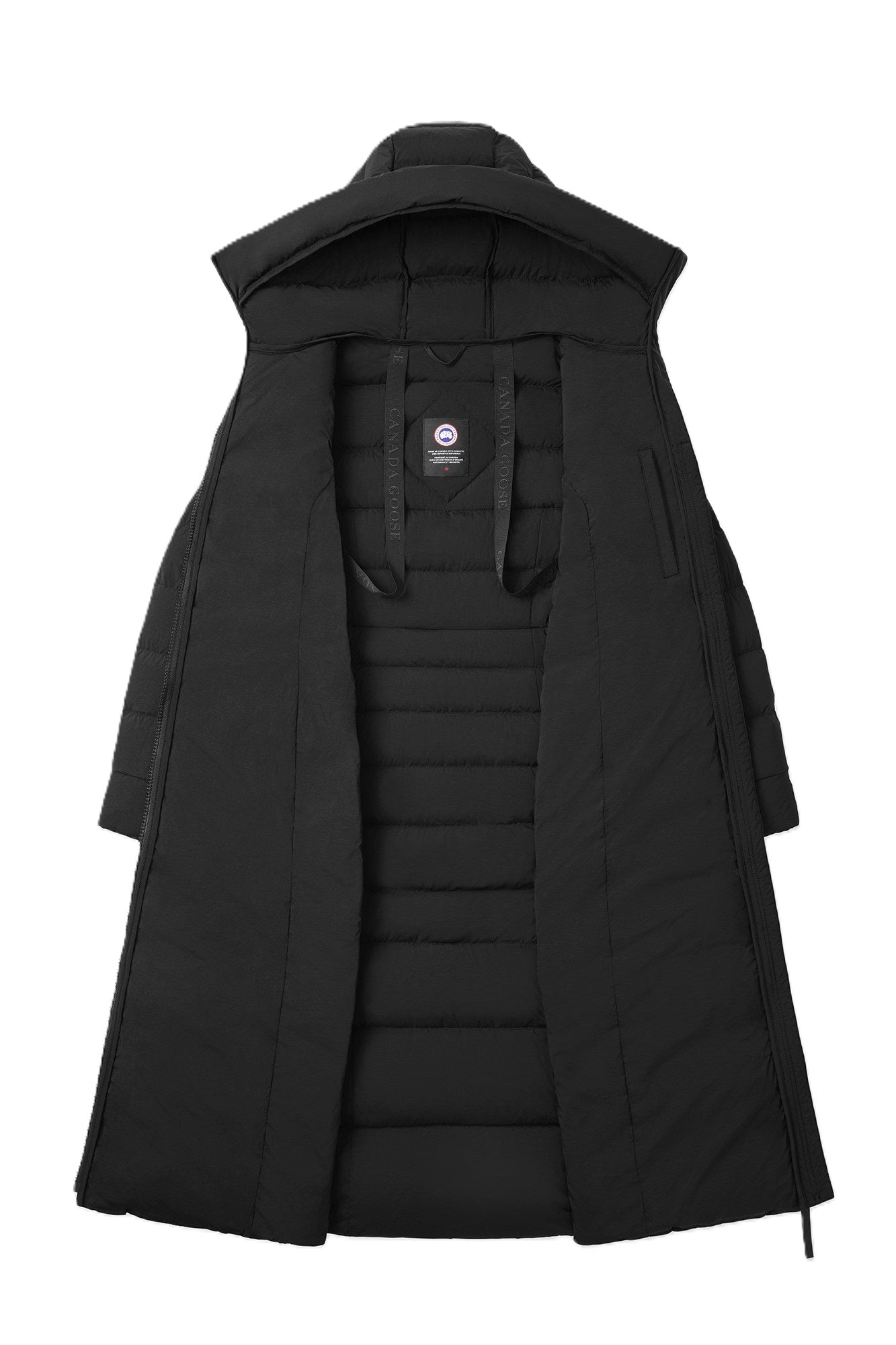 Open, long, black down coat with hood and visible inner quilting.