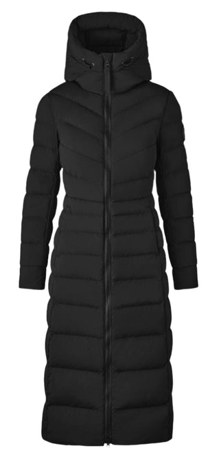 A black, long, quilted puffer coat with a hood and a full-length zipper.