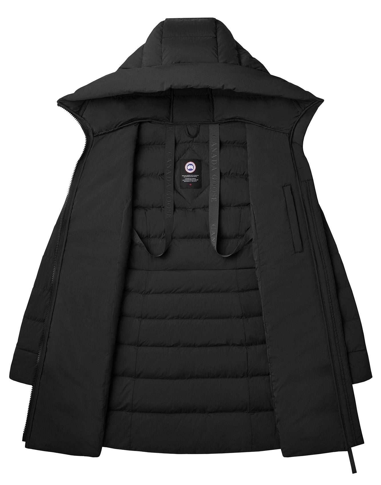 Open black down coat with hood and logo.