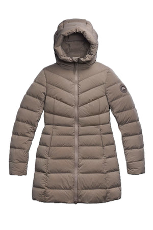 Taupe-colored down-filled coat with a hood and a round logo patch on the upper arm.