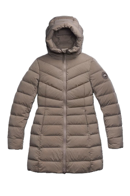 Taupe-colored down-filled coat with a hood and a round logo patch on the upper arm.