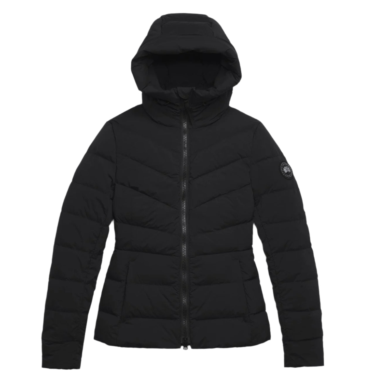 Black hooded down jacket with a zipper.