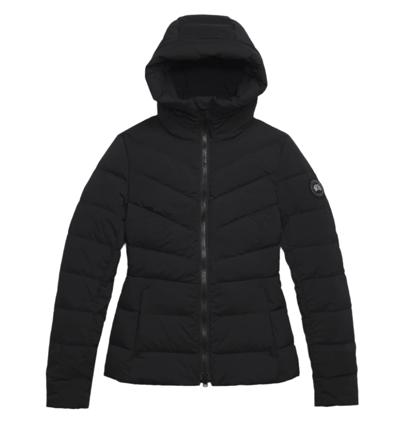 Black hooded down jacket with a zipper.