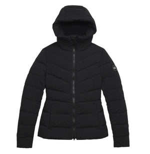 Black hooded down jacket with a zipper.