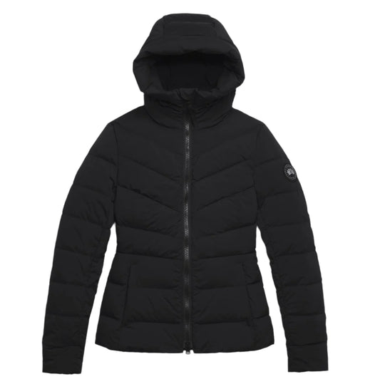 Black hooded down jacket with a zipper.