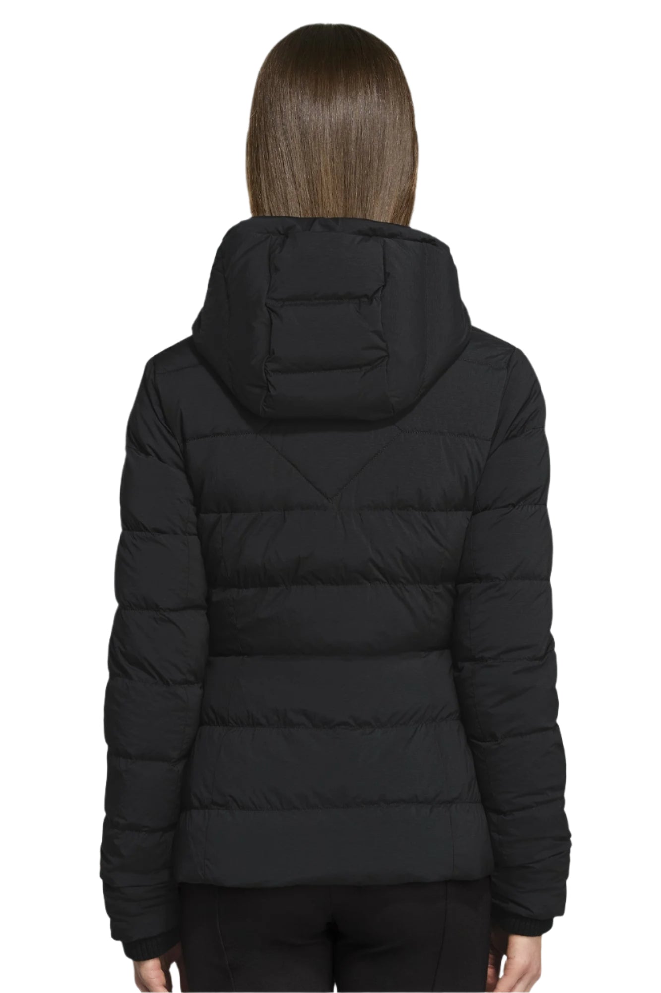 Back view of a black puffer jacket with a hood on a mannequin.