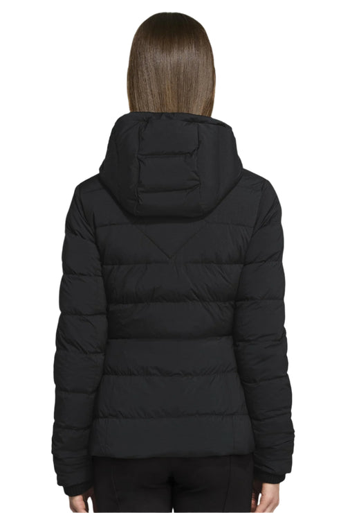 Back view of a black puffer jacket with a hood on a mannequin.