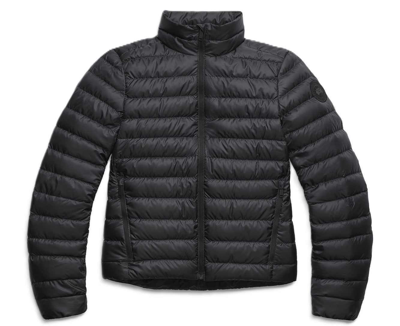 Black puffer jacket with a high collar and horizontal stitched baffles.