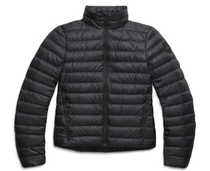 Black puffer jacket with a high collar and horizontal stitched baffles.