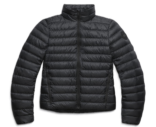 Black puffer jacket with a high collar and horizontal stitched baffles.
