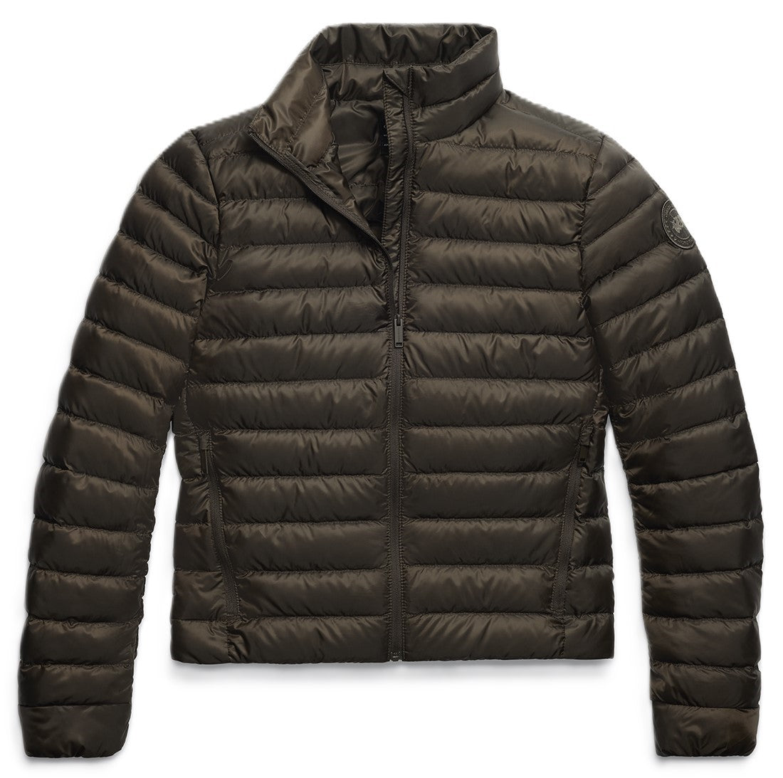 Puffer jacket in dark green with full zip and round logo on left arm.