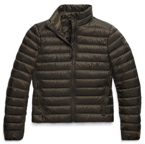 Puffer jacket in dark green with full zip and round logo on left arm.