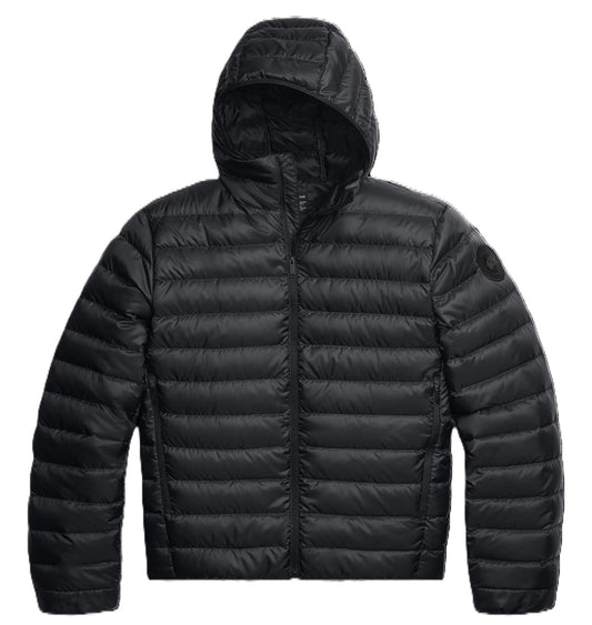 Black puffer jacket with a hood.