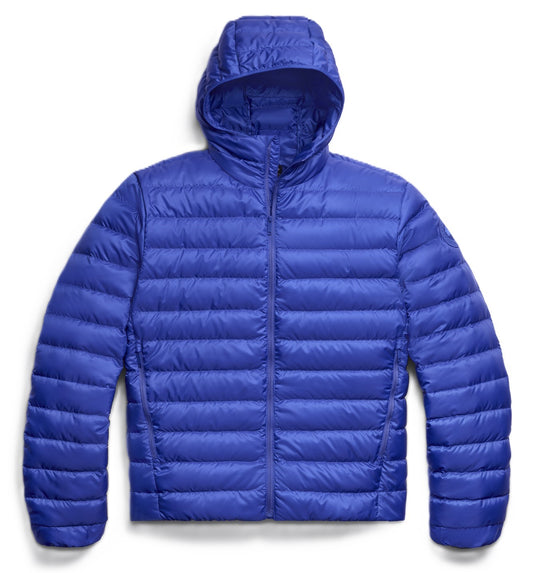 Blue hooded puffer jacket with horizontal quilted pattern.