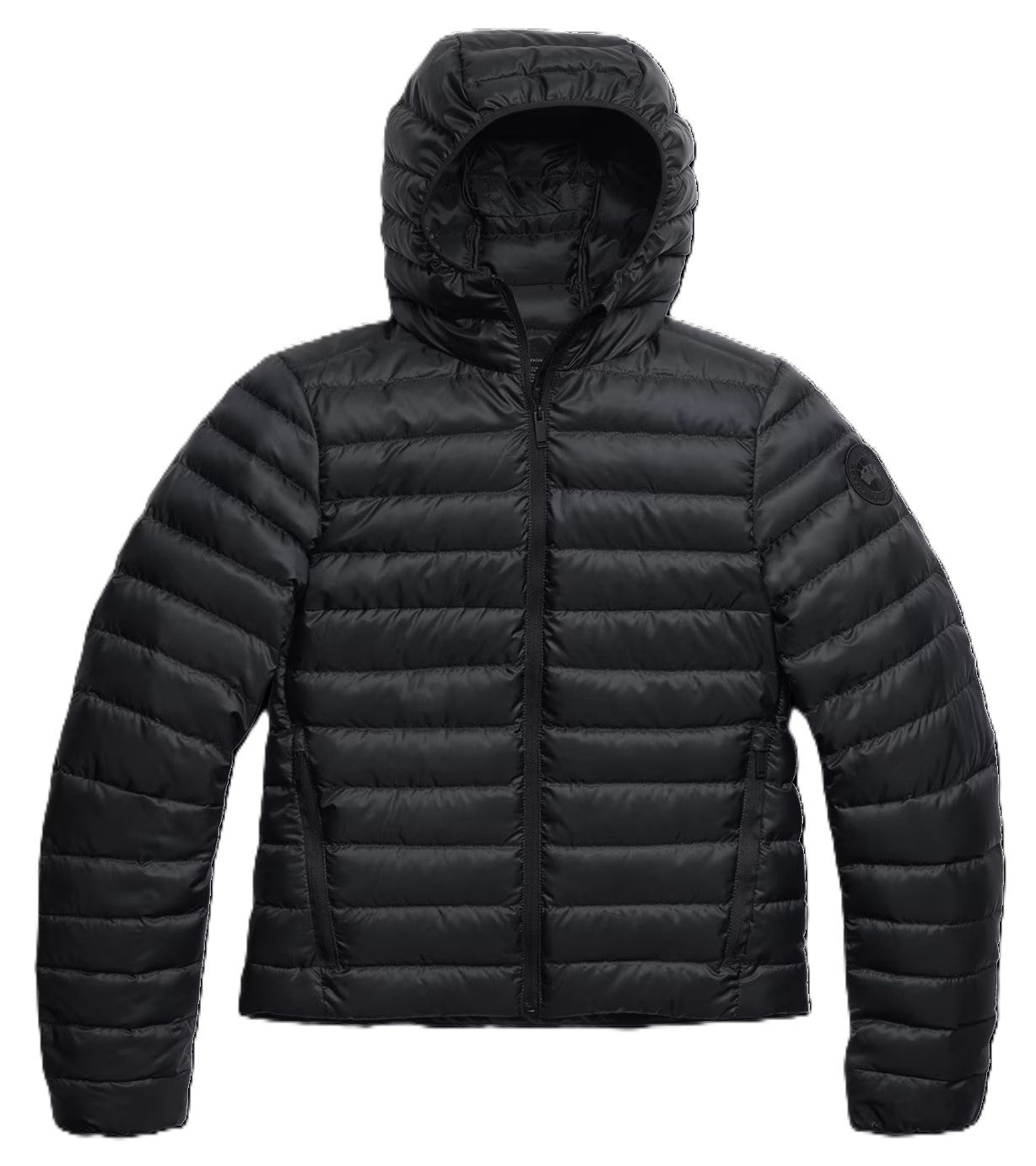 Black puffer jacket with a hood.