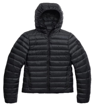 Black puffer jacket with a hood.