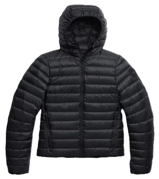 Black puffer jacket with a hood.