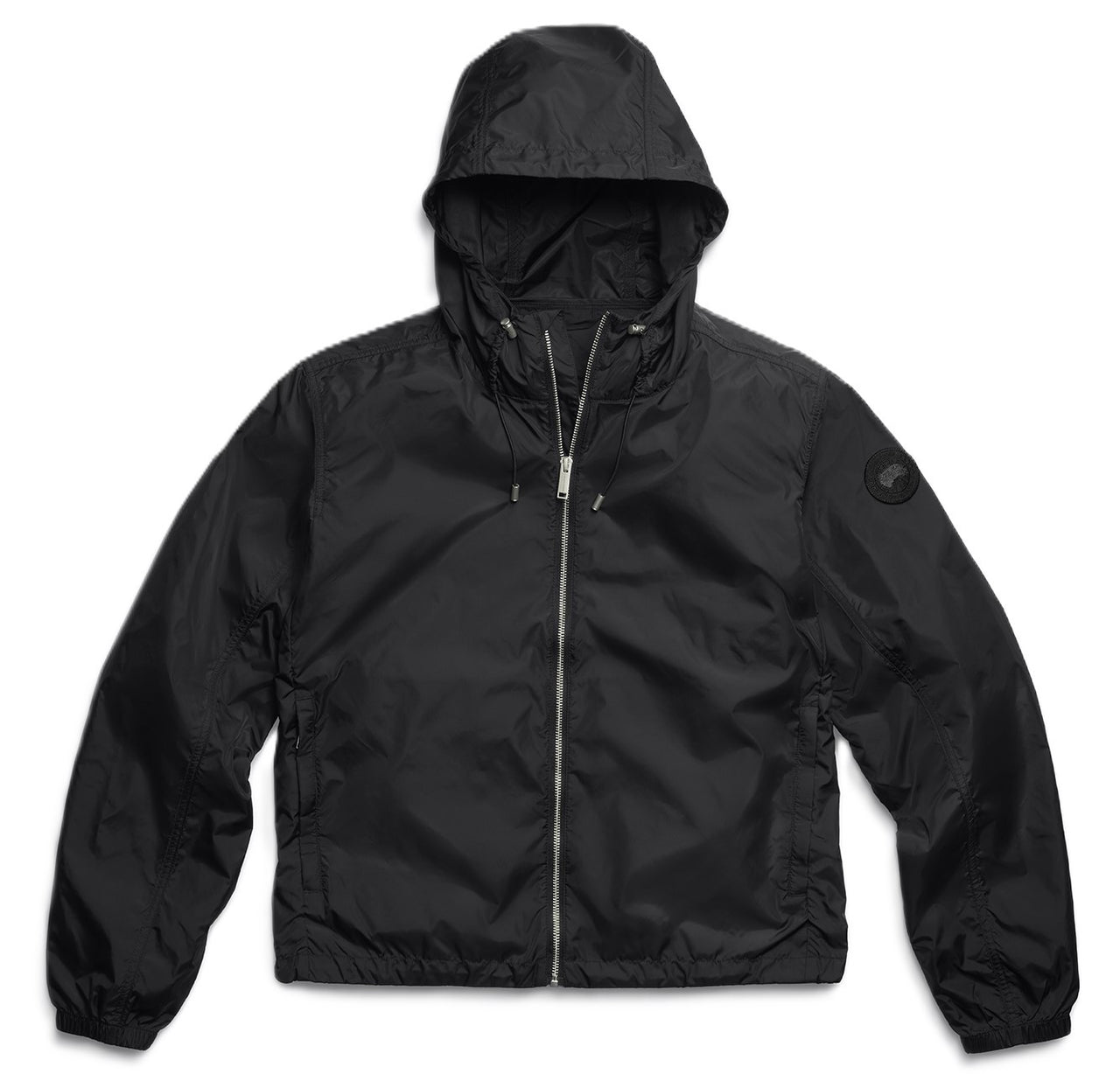 Black hooded jacket with zipper closure.