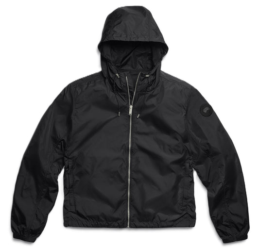 Black hooded jacket with zipper closure.
