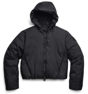 Black cropped hooded puffer jacket with a zipper.